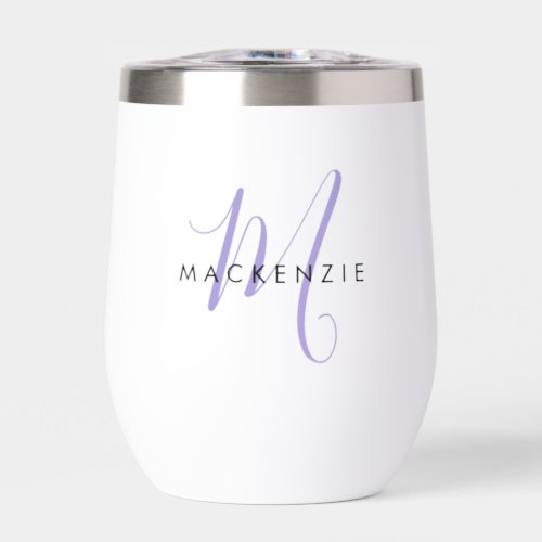 Elegant Modern Lavender Script Monogram Thermal Wine Tumbler