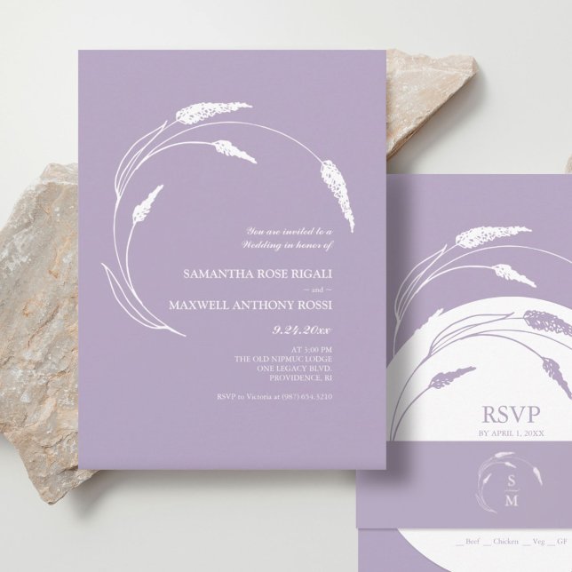Elegant Modern Lavender Wedding Invitation (Stacked wedding invitations lavender line art by Victoria Grigaliunas of Do Tell A Belle)