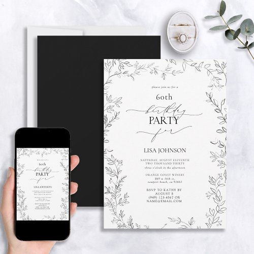 Elegant Modern Leaf Black  White 60th Birthday Invitation