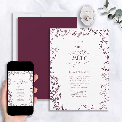 Elegant Modern Leaf Burgundy 50th Birthday Invitation