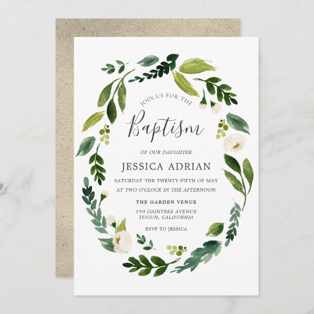 Elegant Modern Leaf Floral Wreath Baptism Invite (Front/Back)