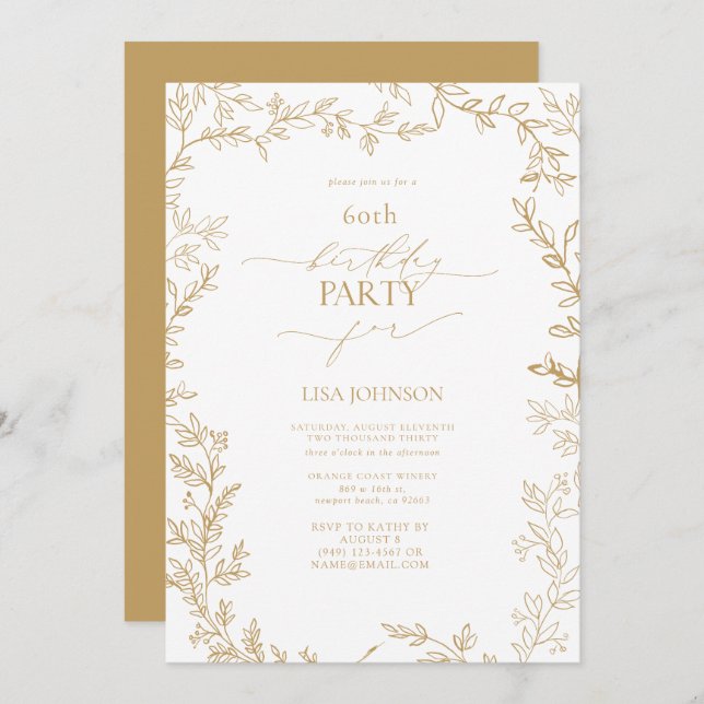 Elegant Modern Leaf Gold 60th Birthday Invitation (Front/Back)