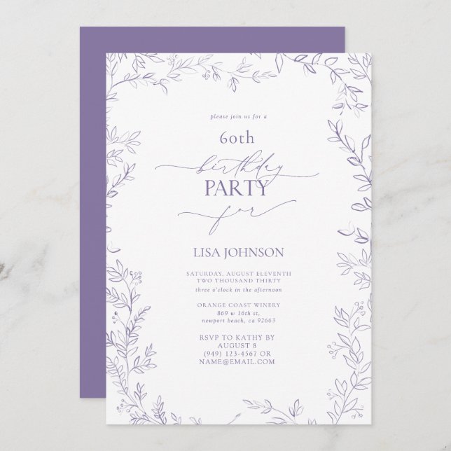 Elegant Modern Leaf Lavender 60th Birthday Invitation (Front/Back)
