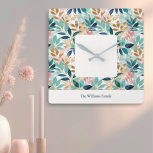 Elegant Modern Leaf Pattern Personalized Square Wall Clock