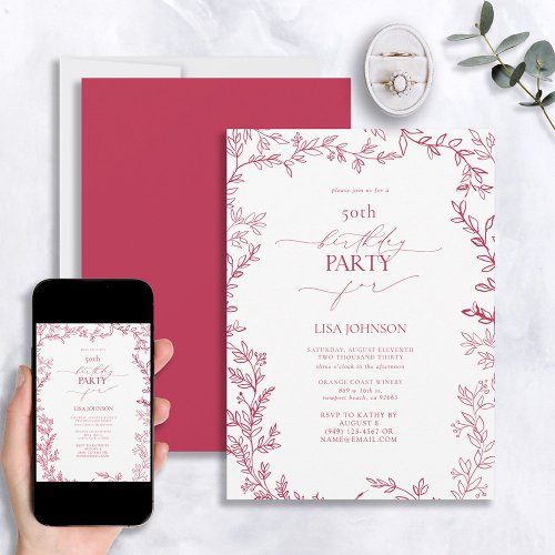 Elegant Modern Leaf Vivid Magenta 50th Birthday Invitation