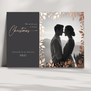 Elegant modern leaves frame photo merry Christmas Foil Holiday Card