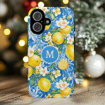 Elegant Modern Lemon Citrus Monogram Personalized iPhone 16 Case<br><div class="desc">Elegant Modern Lemon Citrus Monogram Personalized Name iPhone 16 Cases features your custom monogram in an elegant script typography on a modern blue and yellow pattern of lemons and blossoms. Perfect gift for her for birthday, mom for Mother's Day, sister or bestie for Christmas and holidays. Designed by ©2024 Evco...</div>