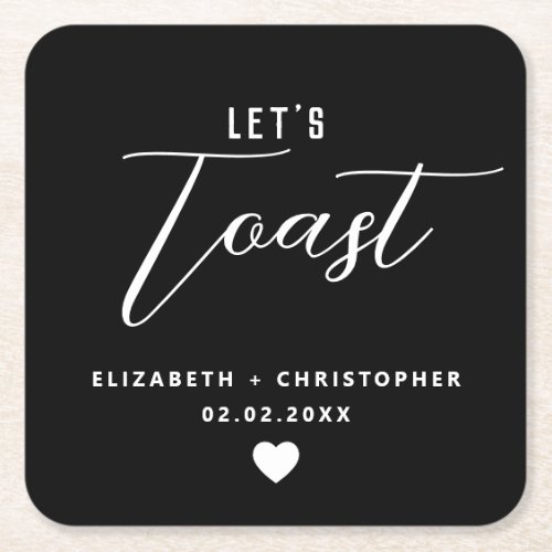 Elegant Modern Lets Toast Black White Wedding Square Paper Coaster