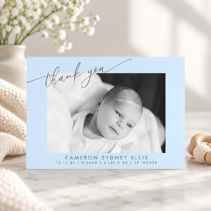 Elegant Modern Light Blue Script Baby Photo Birth Thank You Card
