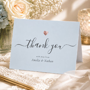 Elegant Modern Light Blue Script Rose Gold Heart Thank You Card