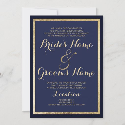 Elegant Modern Light Dark Navy Gold Border Wedding Invitation 