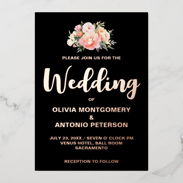 Elegant Modern Light Pink Peony Black Wedding Foil Foil Invitation (Front)