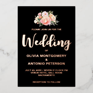 Elegant Modern Light Pink Peony Black Wedding Foil Invitation