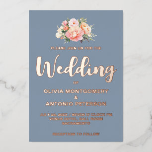 Elegant Modern Light Pink Peony Dusty Blue Wedding Foil Invitation