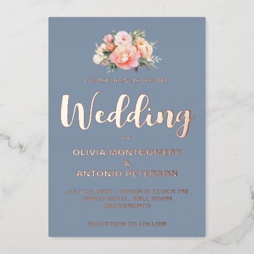 Elegant Modern Light Pink Peony Dusty Blue Wedding Foil Invitation