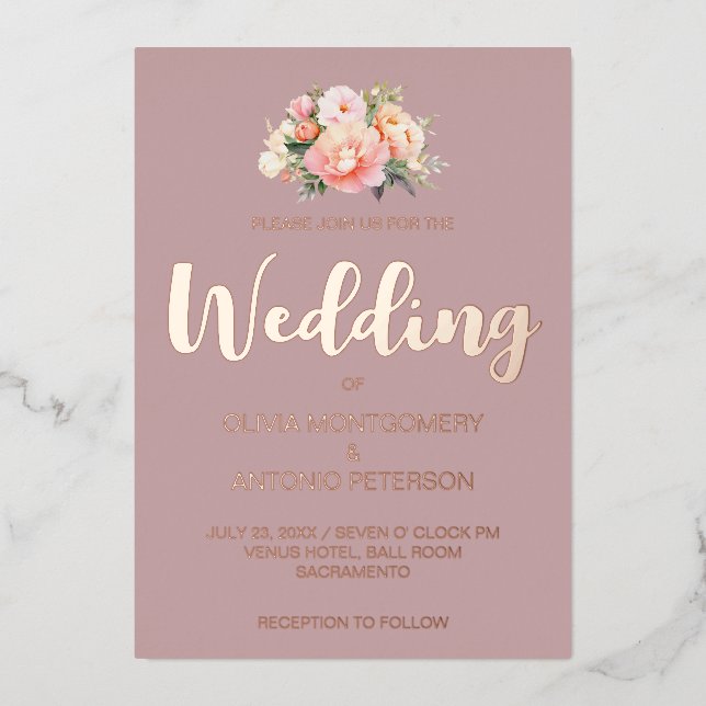 Elegant Modern Light Pink Peony Dusty Rose Wedding Foil Invitation (Front)