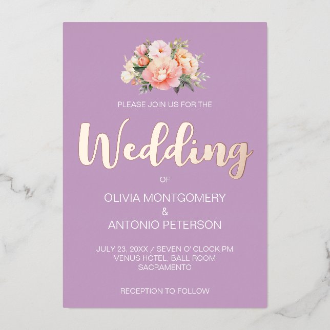 Elegant Modern Light Pink Peony Lilac Wedding Foil Invitation (Front)
