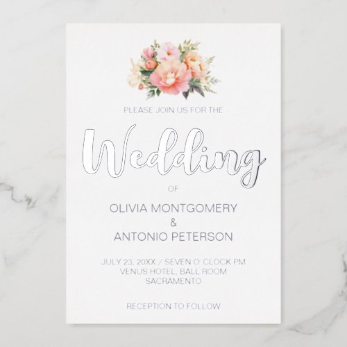 Elegant Modern Light Pink Peony Silver Wedding Foil Invitation