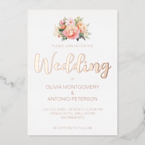 Elegant Modern Light Pink Peony White Wedding Foil Invitation