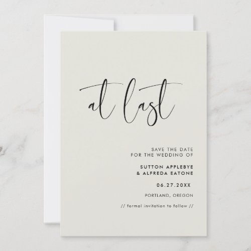 Elegant  modern Light sage green At last Save The Date