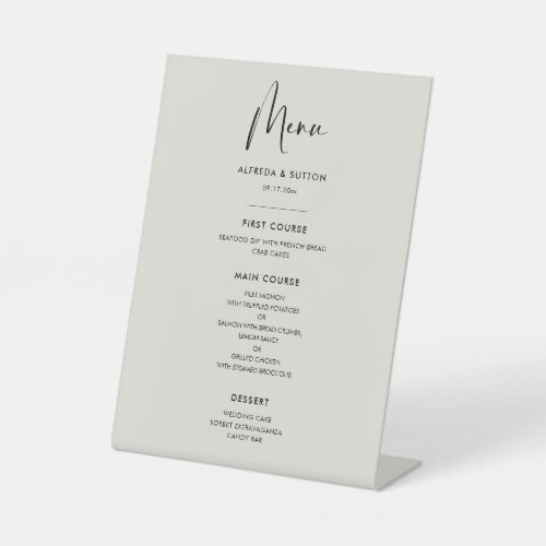 Elegant  modern Light Sage green wedding menu Pedestal Sign