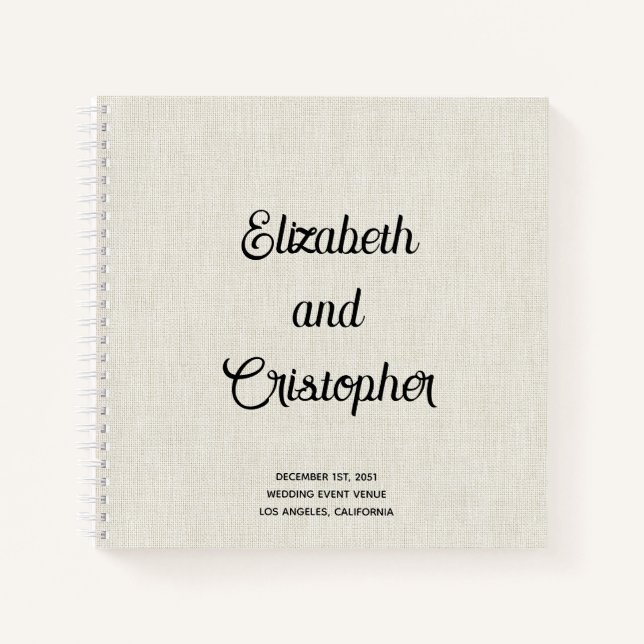 Elegant Modern Linen Script Wedding Guest Book (Front)