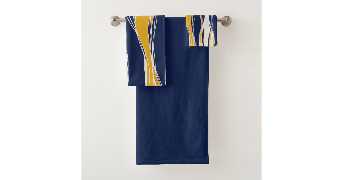 Elegant, modern, lines, in navy blue and yellow bath towel set Zazzle