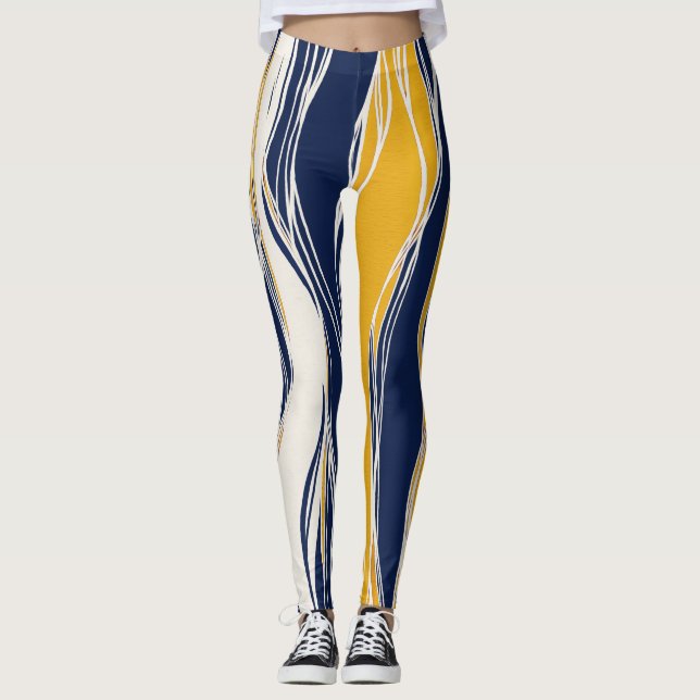 Elegant, modern, lines, in navy blue and yellow leggings (Front)