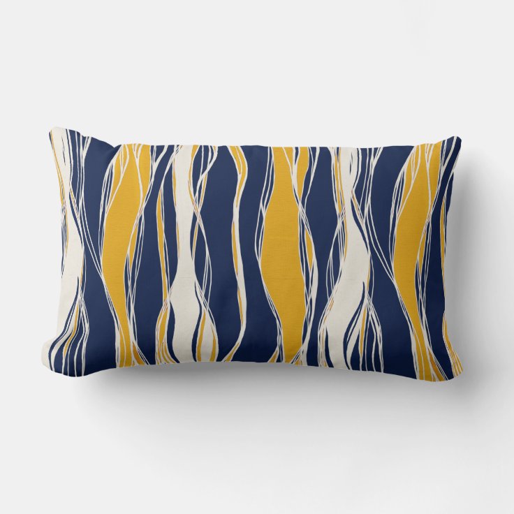 Elegant, modern, lines, in navy blue and yellow lumbar pillow Zazzle