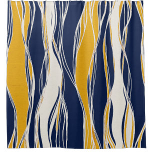Elegant, modern, lines, in navy blue and yellow shower curtain