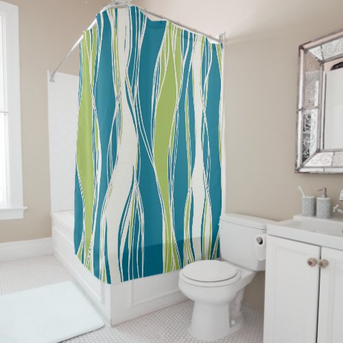 Elegant modern lines pastel teal green white shower curtain