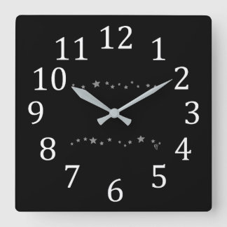 Elegant Modern Lively Silver Stars on Black Clocks