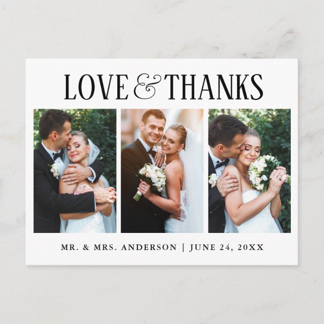 Elegant Modern Love and Thanks Wedding 3 Photo Postcard (Front)