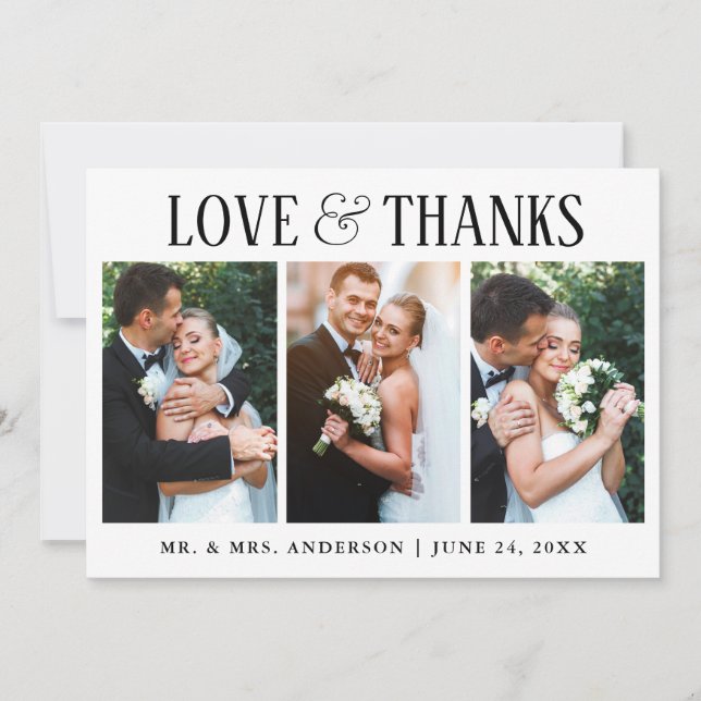 Elegant Modern Love and Thanks Wedding 3 Photo Thank You Card (Front)