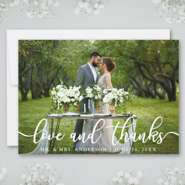 Elegant Modern Love and Thanks | Wedding Photo Thank You Card (Customize to add text or more photos to back of card.)