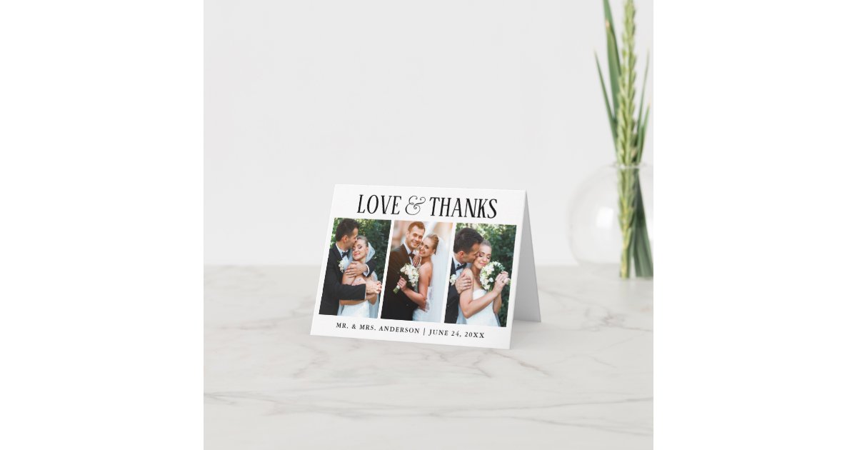 Elegant Modern Love Thanks Wedding 3 Photo Note Thank You Card | Zazzle
