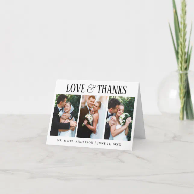 Elegant Modern Love Thanks Wedding 3 Photo Note Thank You Card | Zazzle