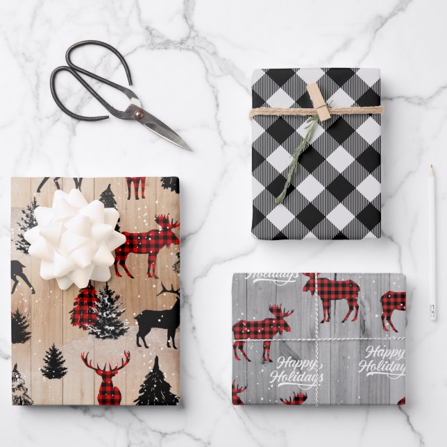 Elegant modern lumberjack moose plaid wrapping pap wrapping paper sheets (Front)