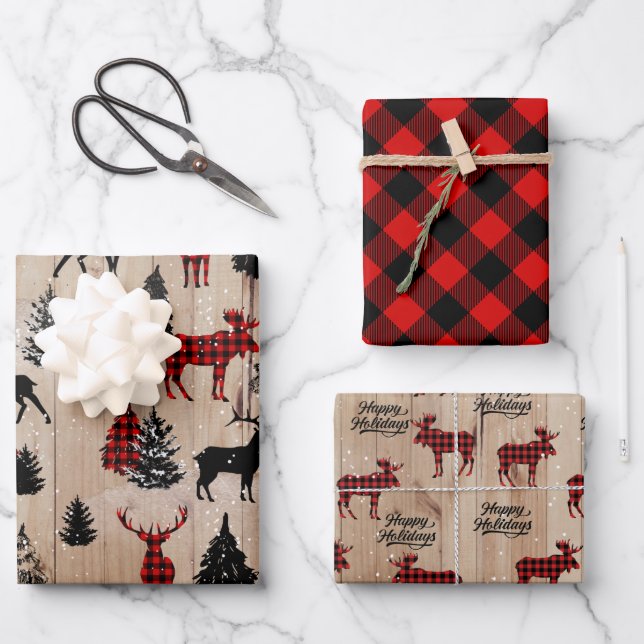 Elegant modern lumberjack moose plaid wrapping paper sheets (Front)