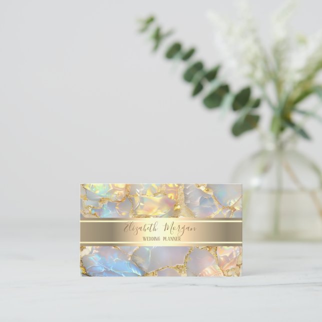 Elegant Modern Luxury Gold Stripe Opal Stone Business Card (Standing Front)