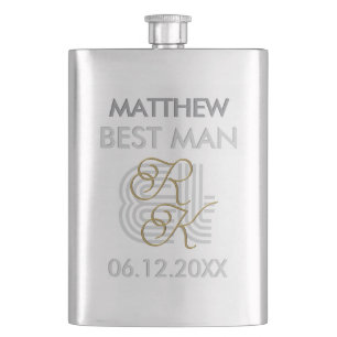 Elegant Modern Luxury Grey & Gold Name Monogram Flask