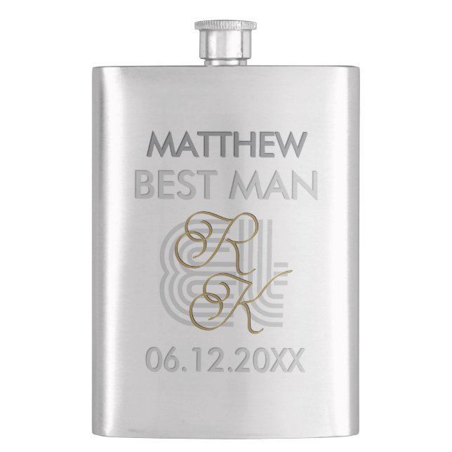   Elegant Modern Luxury Grey & Gold Name Monogram Flask (Front)