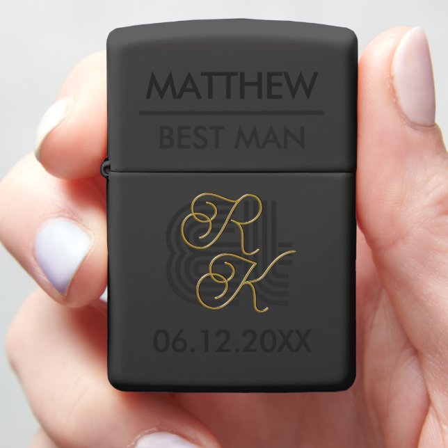    Elegant Modern Luxury Grey & Gold Name Monogram Zippo Lighter (In Hand)