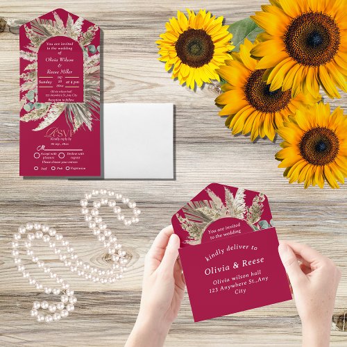 Elegant modern Magenta boho  wedding All In One Invitation