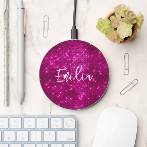 Elegant modern magenta pink glitter name wireless charger 