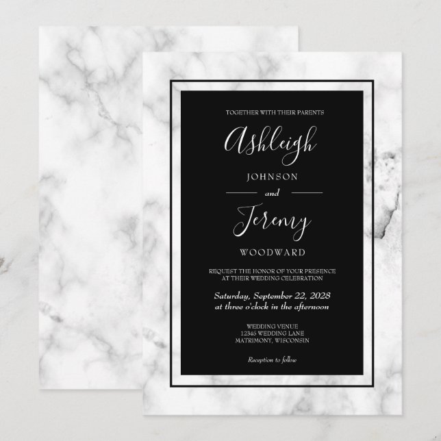 Elegant Modern Marble Black White Wedding Invitation (Front/Back)