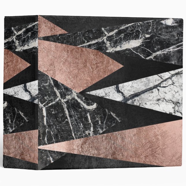 Elegant Modern Marble, Rose Gold, & Black Triangle 3 Ring Binder (Front/Spine)
