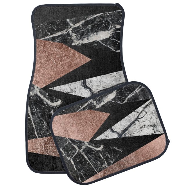 Elegant Modern Marble, Rose Gold, & Black Triangle Car Mat (Set)