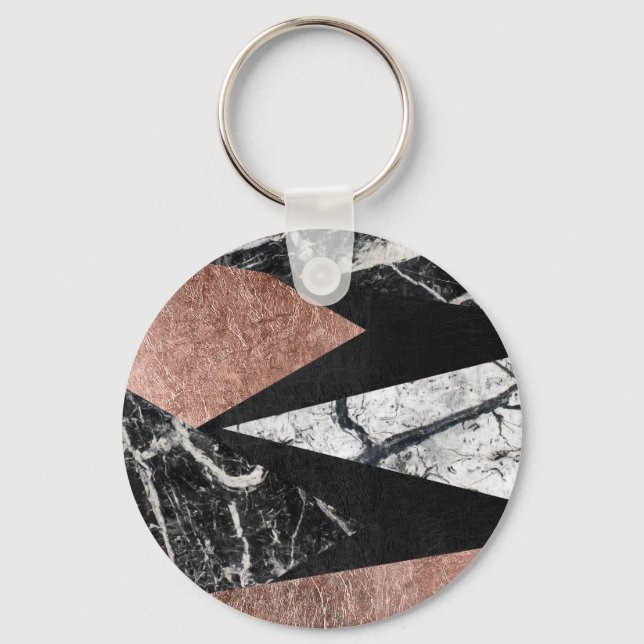 Elegant Modern Marble, Rose Gold, & Black Triangle Keychain (Front)