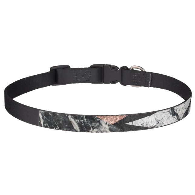 Elegant Modern Marble, Rose Gold, & Black Triangle Pet Collar (Front)